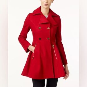 Laundry By Shelli Segal Vibrant Red Pea Coat with Gold Accents